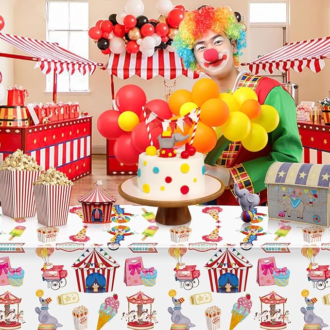 Hxezoc 3 Pack Circus Party Tablecloths, 54 x 108 Inch Disposable Plastic Carnival Table Cover for Carnival Birthday Party Decorations Outdoor Indoor Supplies