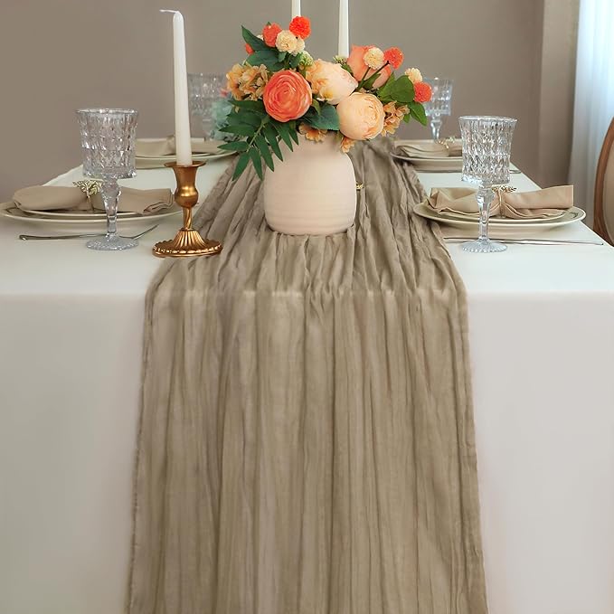 Snowkingdom 6PCS Light Brown Christmas Cheesecloth Table Runner, 120 inch Long Tan Boho Gauze Sheer Runner for Wedding Baby Shower Birthday Xmas Holiday Party Table Decorations