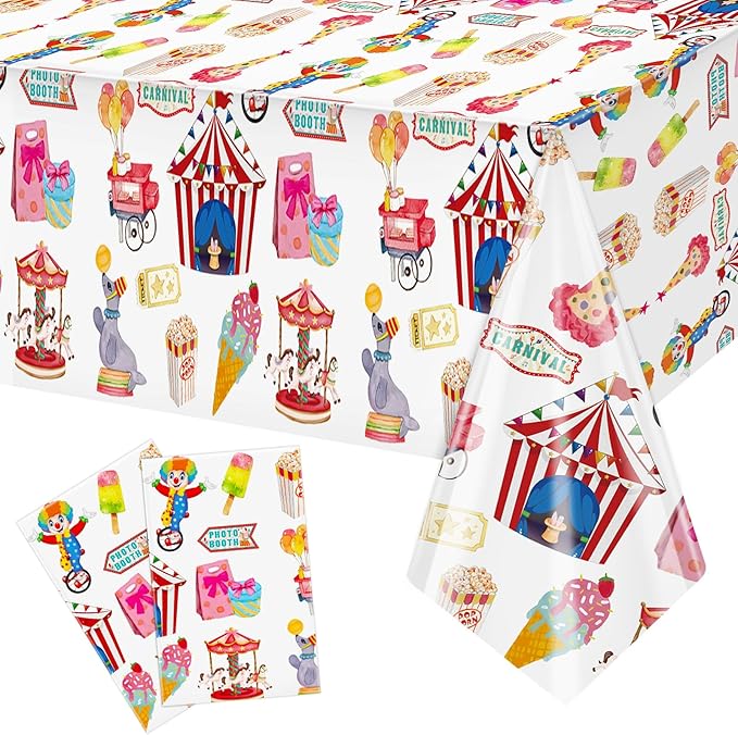 2 Pack Circus Carnival Theme Tablecloth 54 x 108 Inch Disposable Plastic Waterproof Table Cloths Circus Theme Party Decorations Tablecover for Carnival Night Movie Happy Birthday Party Supply