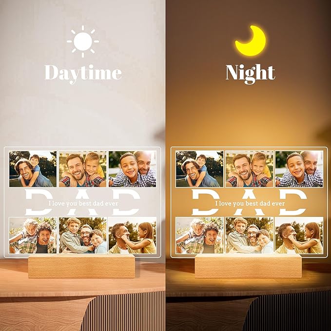 Personalized Birthday Gifts for Dad from Daughter Son, Custom Picture Frames with Photos, Customized Photo Frame with Night Light, Personalized Gifts for Dad Baby Kid Family