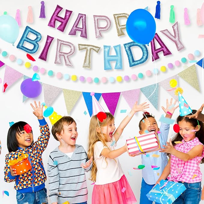 5 Pcs Pre-strung Unicorn Glitter Happy Birthday Banner Set, Felt Happy Birthday Garland with Ball Garland, Pennant Flags and Tassels, Birthdays Party Decorations for Kids and Adults