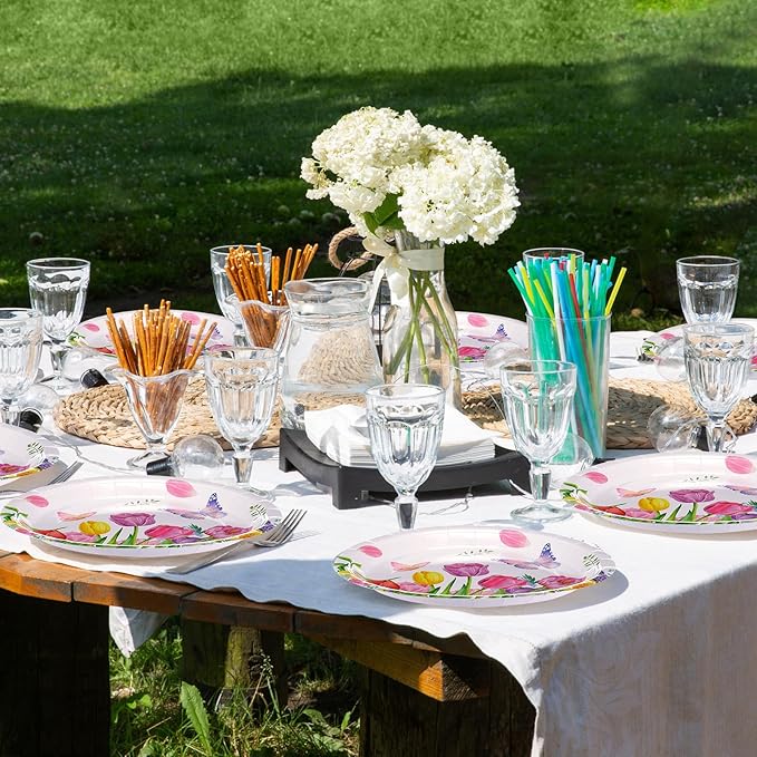Pickmesh 250 Pcs Party Disposable Tableware Set Paper Plates and Napkins Cups Supplies Tea Party Theme Dinner Dinnerware for Birthday Bridal Baby Shower wedding Decoration Serves 50 (Tulip)