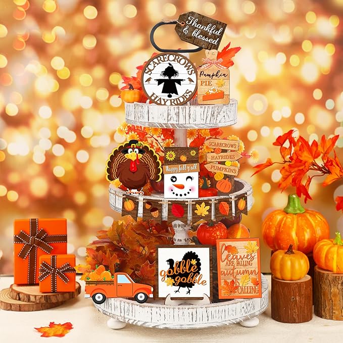 15 Pcs Thanksgiving Tiered Tray Decorations Set Thanksgiving Fall Pumpkin Turkey Home Decorations Rustic Farmhouse Truck Wooden Sign Spice Blocks Autumn Wooden Sign for Gift Tabletop