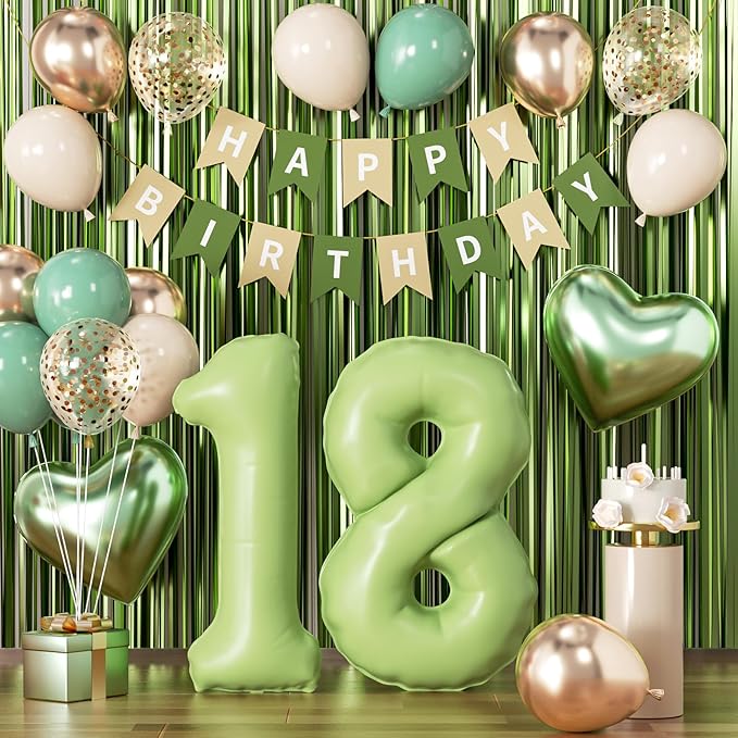 Sage Green 18th Birthday Decorations, Adulting Party Supplies for Girls, Sand White & Cream Balloon Kit with Green Number 18 Balloon and Fringe Curtains