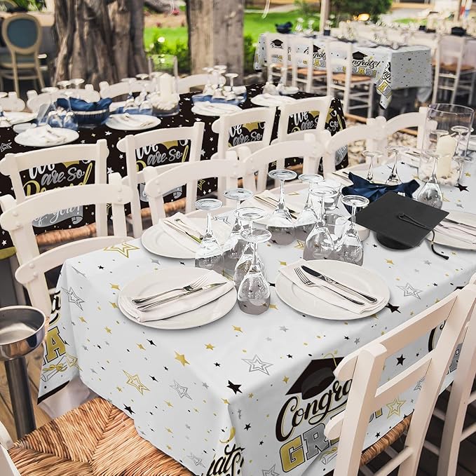 Gatherfun Graduation Decorations 2026-2 Pcs Black and Gold Gongrats Grad Tablecover for Graduation Party Decorations，Grad Plastic Table Covers 54"x108"