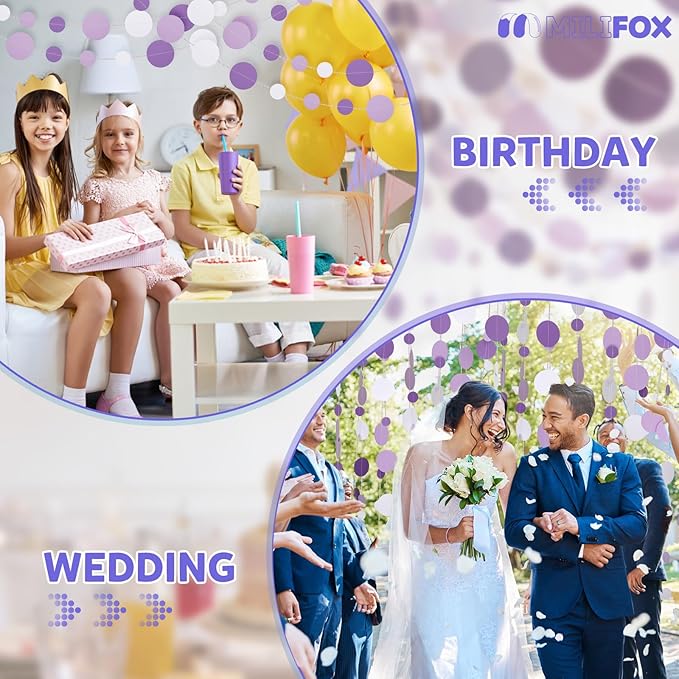 52FT Party Garlands, Paper Garland Circle Dots, Hanging Circle Banner Decorations for Birthday, Party, Wedding, Baby Shower, Graduations, Christmas, Wall Decor (Purple White Garlands)