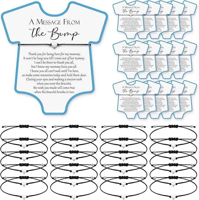 Henoyso 25 Sets Baby Shower Bracelets Adjustable Wish Bracelets Card Heart Charm Baby Shower Party Favor for Guest Gender Reveal Gifts(Blue)