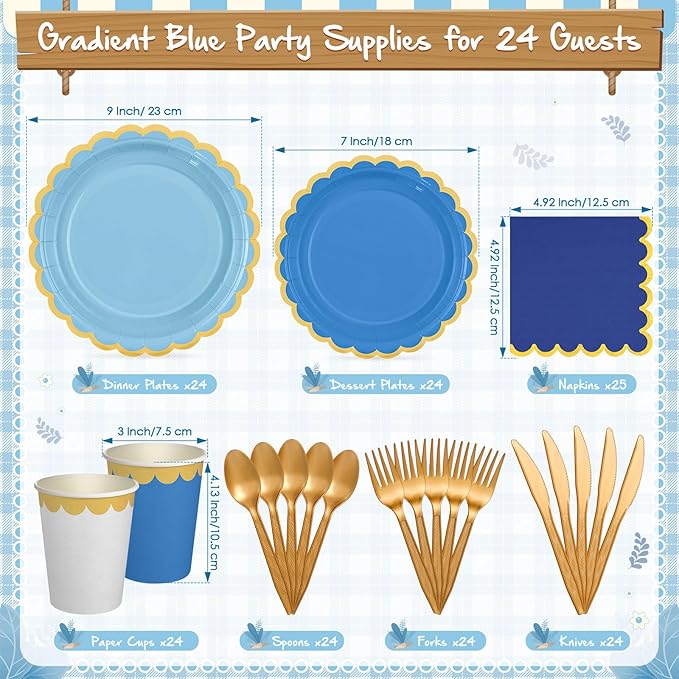 Mimorou 169 Pcs Blue Plates and Napkins Party Supplies for Guests Blue Tableware Include Scalloped Plates Paper Napkin Cup Spoon Fork Knife for Baby Shower, Wedding, Birthday