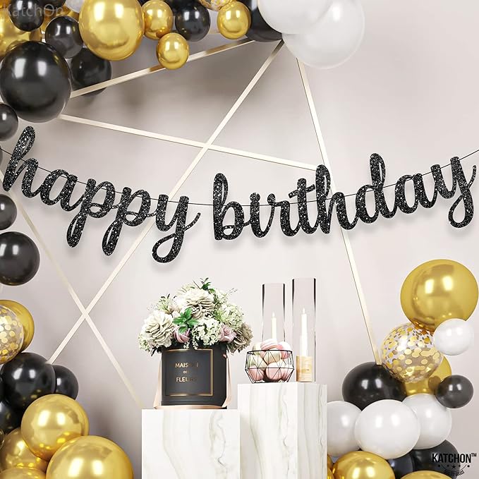 KatchOn, Glitter Cursive Black Happy Birthday Banner - Pre-Strung, 10 Feet | Happy Birthday Sign | Birthday Decorations for Women, Men, Boys and Girls | Birthday Party Decorations