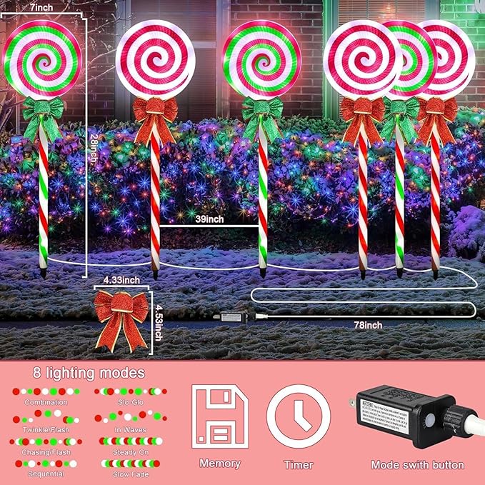 6 PCS Christmas Pathway Lights Outdoor Decorations, 28 Inch Lollipop Walkway Stake 8 Lighting Modes Flickering Candy Marker Waterproof Outside Christmas Decor for Garden Yard Lawn (Red Green)
