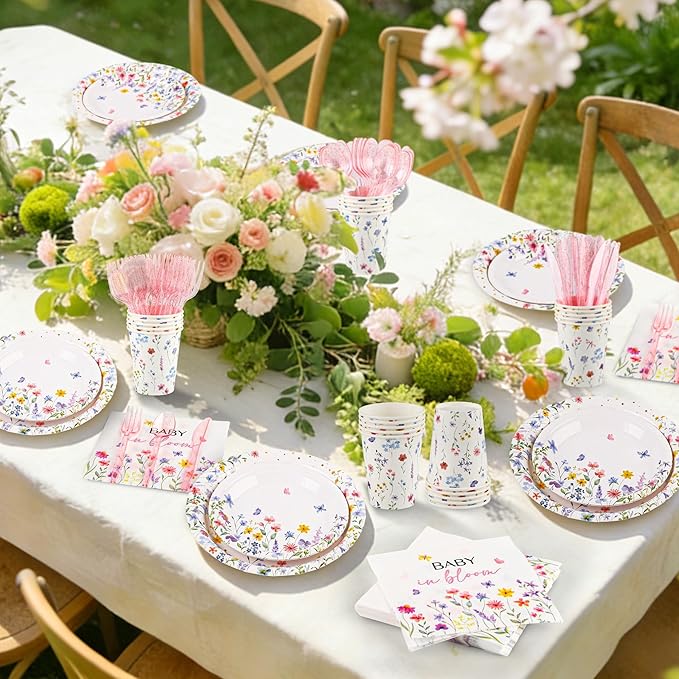 Kochorie 175 Pieces Wildflower Spring Floral Party Supplies Baby in Bloom Tableware Set 7 Inch & 9 Inch Paper Plates Napkins Cups Cutlery for Spring Picnic Baby Shower Decoration, Serve 25 Guests