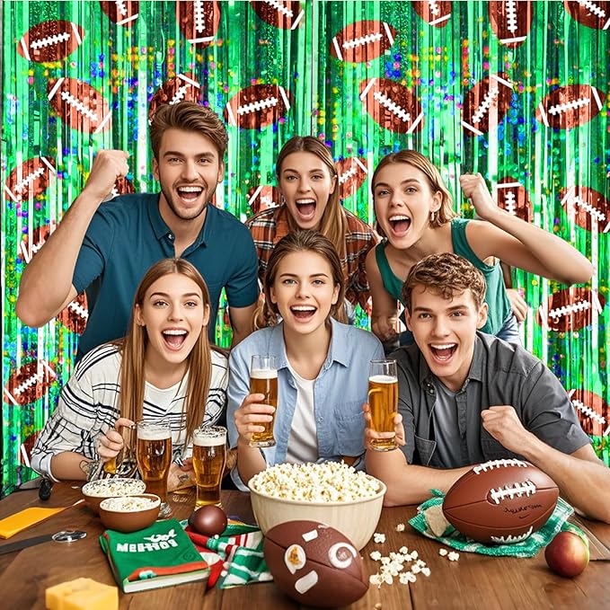 2 Packs Football Foil Fringe Curtain, Green Glitter Metallic Tinsel Backdrop for Birthday, Baby Shower, Super Bowl, Football Party Decorations Supplies