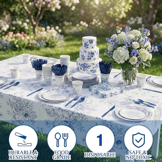 352 Pcs Blue Floral Disposable Tableware Set Vintage Flower Party Supplies Set for 50 Guests Tea Party Disposable Dinnerware Includes Plates Napkins Cups Cutlery for Wedding Bridal Shower