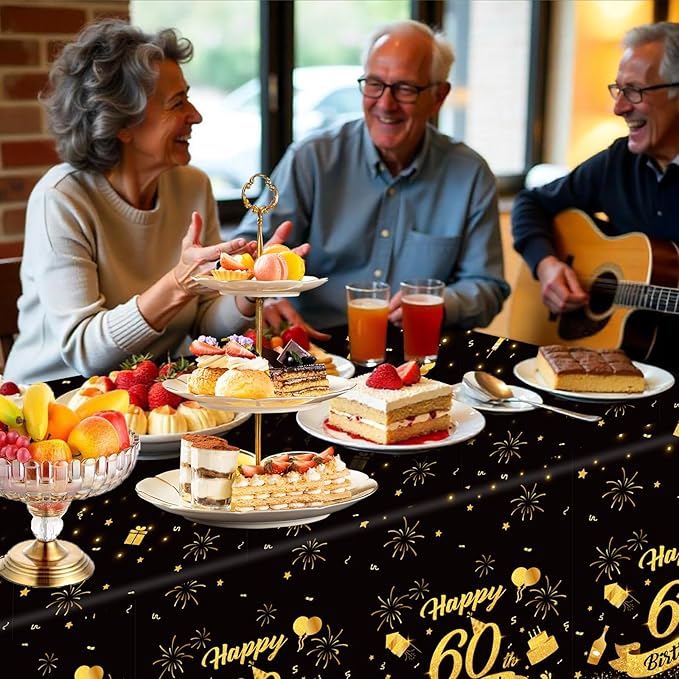 3 Pack 60th Birthday Plastic Tablecloth, 54x108 Inch Black Gold Disposable Rectangle Table Cover Waterproof Table Cloth for Birthday 60 Anniversary Party Supplies