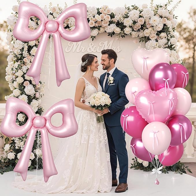 Pink Heart and Bow Balloons, 38 Inch Bow Balloons, Hot Pink Metallic Balloon Helium with Bow Ribbons for Anniversary Engagement Birthday Wedding Bridal Baby Shower Valentines Day Decorations