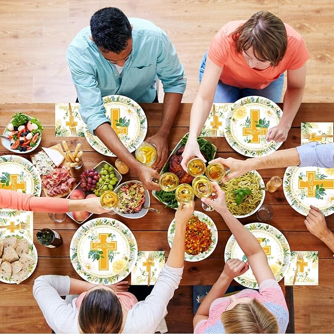 96 Pcs God Bless Plates and Napkins, Baptism First Holy Communion Party Decorations Supplies Mi Bautizo Eucalyptus Leaves Sage Tableware Set for Christening Celebration Baby Shower, Serves 24