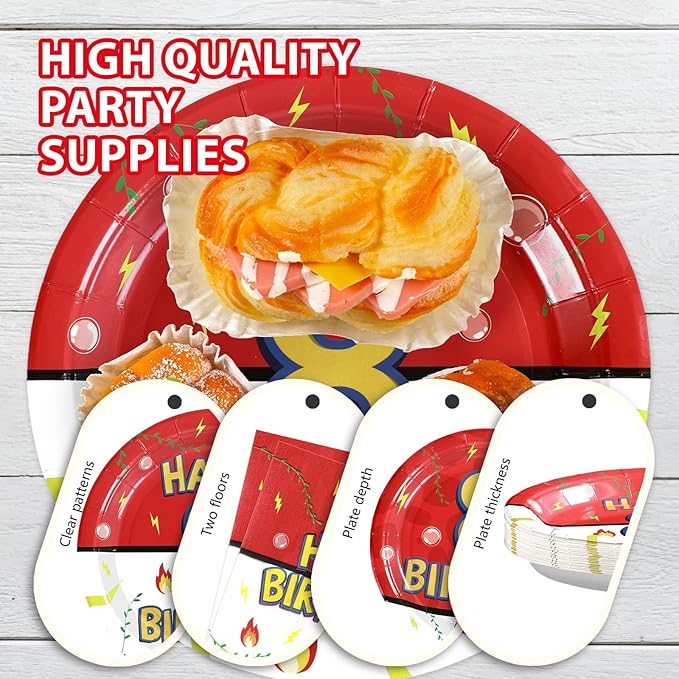 Grencian 96Pcs Happy 8th Birthday Party Supplies Cartoon Anime Themed Paper Plates and Napkins Tableware Sets Disposable Red and White Decoration for 8 Year Old Birthday Kids Children Party Serves 24