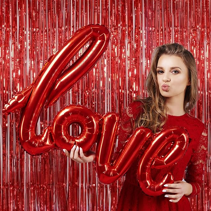 Red Tinsel Fringe Backdrop, Melsan 3.2 x 8 ft Red Metallic Foil Curtains Streamer for Birthday, Anniversary, Photo Booth for Party,2 Packs
