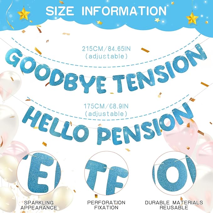 Retirement Banner Pre-Strung GOODBYE TENSION HELLO PENSION Banner Glitter Retirement Party Supplies Decorations for Women Men Office Home Decor (Dark blue)