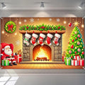 Christmas Banner Santa Claus Fireplace Stockings Tree Gifts Holiday Wall Backdrop Warm Decor Indoor Outdoor Photo Background Party Supplies Home Decoration 71 X 43 Inches