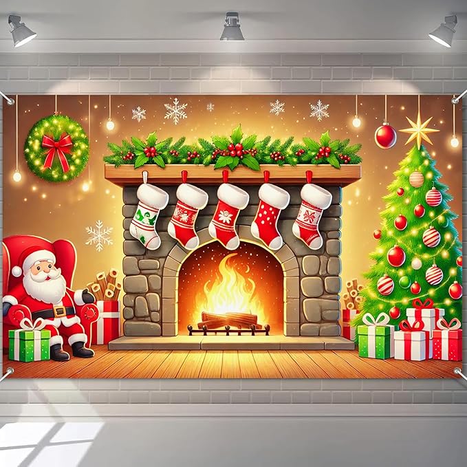 Christmas Banner Santa Claus Fireplace Stockings Tree Gifts Holiday Wall Backdrop Warm Decor Indoor Outdoor Photo Background Party Supplies Home Decoration 71 X 43 Inches