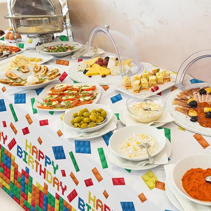 Gatherfun Building Block Party Disposable Tablecloth, Plastic Table Cover for Building Block Themed Party, Kids Birthday, 3 PCS, 54”x108”