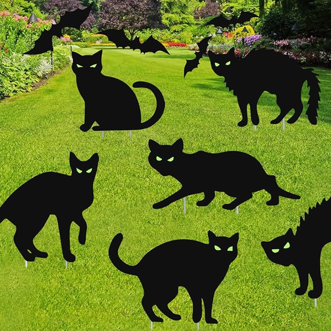 Halloween Decorations Outdoor,6Pcs Flordeluna Black Cat Yard Signs with Stakes, Glow in the Dark Eyes and 28pcs 3D Bats Wall Decor for Outdoor Yard Lawn Patio Garden Halloween Decor