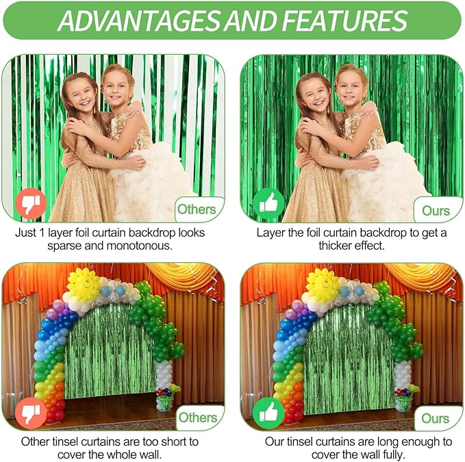 Crosize 2 Pack 3.3 x 9.9 ft Green Foil Fringe Backdrop Curtain, Streamer Backdrop Curtains, Streamers Birthday Party Decorations, Tinsel Curtain for St. Patrick's Day Parties, Galentines Decor