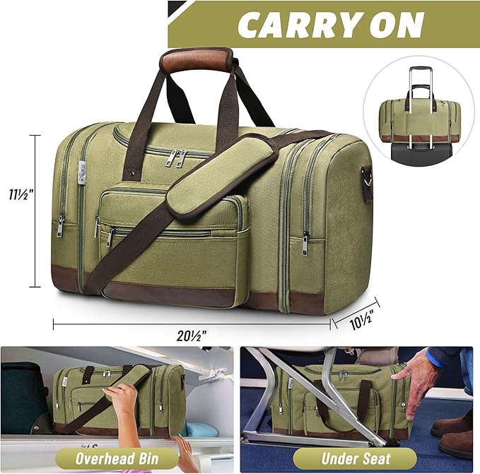 Wolhbege Duffle Bag for Travel,Mens Travel Bag & Carry On Bag for Men with Expandable Design and Luggage Sleeve –Duffel Bag for Gym, Weekender,Canvas,Overnight Trips Green