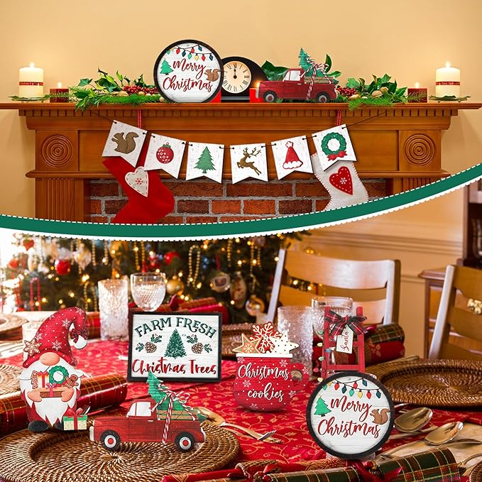 Christmas Tiered Tray Decor Set Christmas Wooden Sign Decor Rustic Farmhouse Gnome Snowflakes Table Sign for Bedroom Desk Office Party Supplies