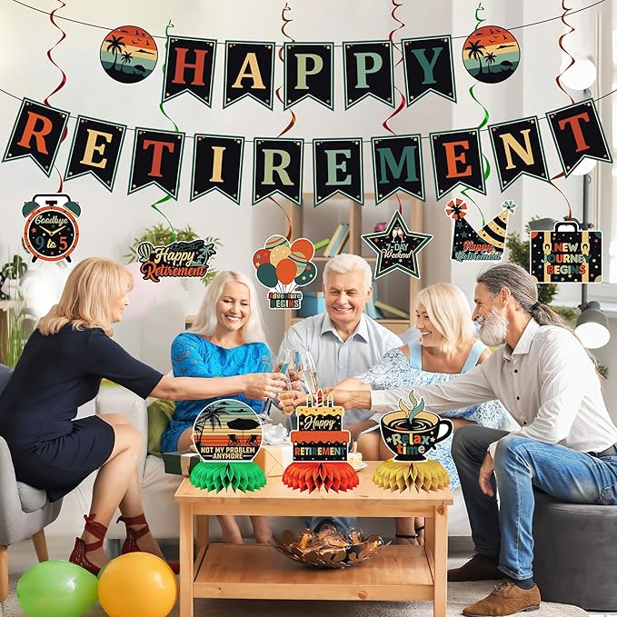 Vlipoeasn Retirement Decorations for Men Women, Colorful Vintage Retirement Party Set with Banner Honeycomb Centerpieces Hanging Swirls, Office Retired Farewell Decor