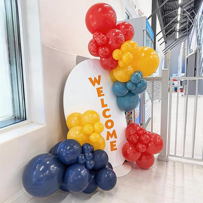 Red Blue Yellow Balloon Arch Kit with 4D Silver Ball Foil Balloons, Dusty Navy Blue Red Yellow Latex Balloons Garland for Carnival Circus Birthday Baby Shower Party Decorations