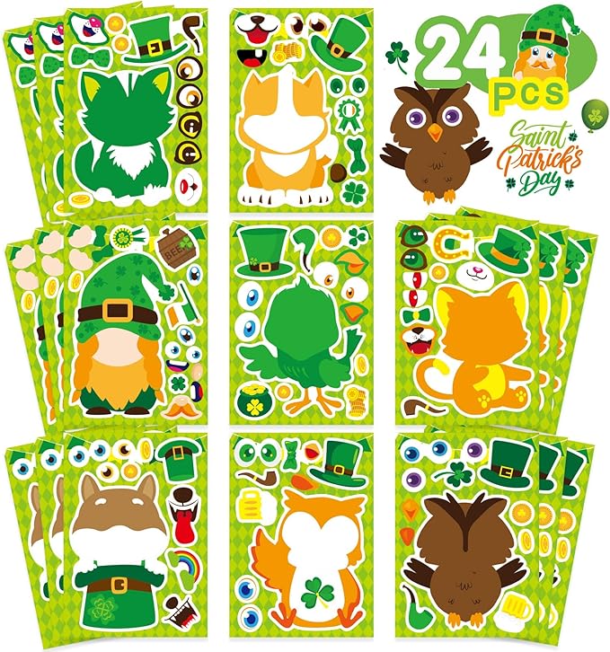 24 Sheets St Patrick's Day Stickers Mix and Match Make a Face Animal Stickers St Patrick's Day Party Favor Supplies, Art and Craft