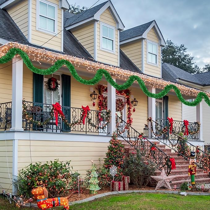 50 Feet Christmas Tinsel Garland, Metallic Twist Garland Wall Hanging Tinsel Garland Backdrop for Parade Floats, Carnival, Birthday, Wedding, New Year Party Decorations (Green, 2in x 50ft)