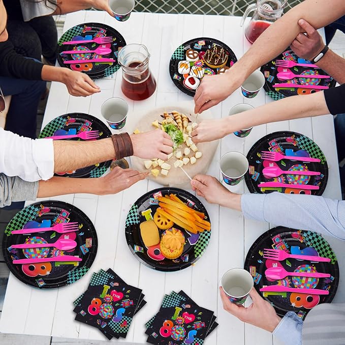 Yungyan 252 Pcs Retro 80s Plates and Napkins Set I Love the 1980s Party Decorations Back to the 80s Napkins Plates Cups Knives Spoons Forks 1980s Neon Party Tableware Supplies Serves 36 Guests