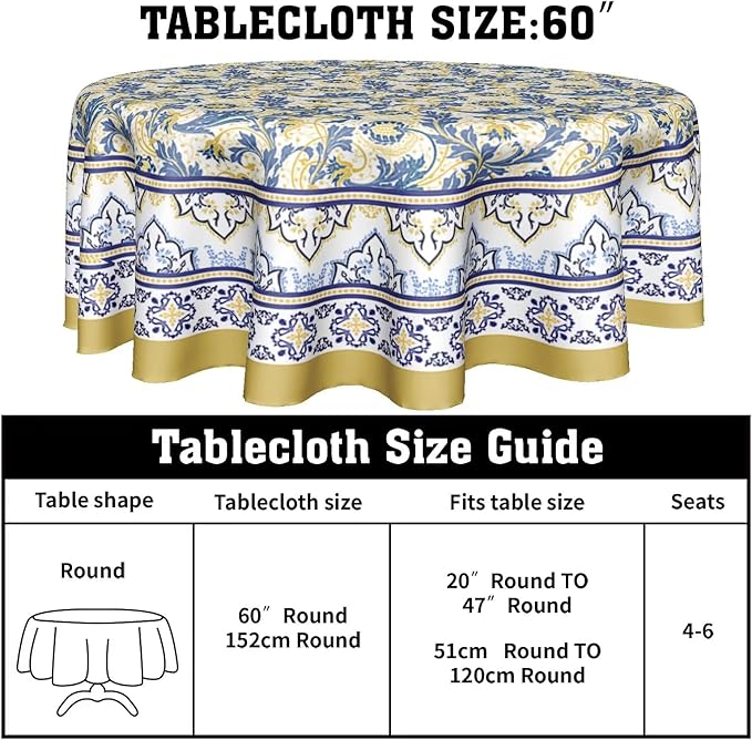 Yellow and Blue Floral Tablecloth Round 60 Inch Farmhouse Boho Tablecloth Spring Summer Fabric Table Cloth With Wrinkle Resistant For Kitchen Holiday Picnic Party Dinner Room Indoor Outdoor Decor
