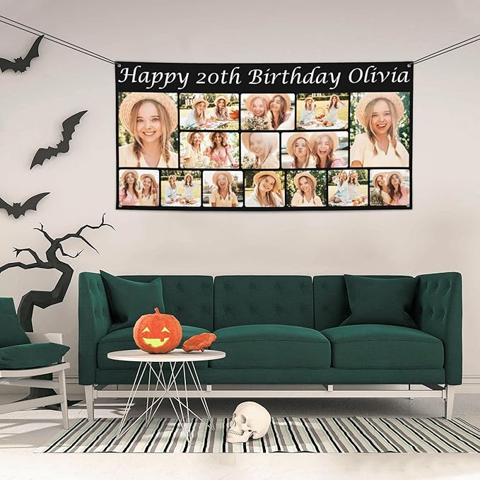 Custom Happy Birthday Banner Personalized Banners and Signs with Photo Name for Women Men Kids Party Decorations Supplies Indoor Outdoor Birthday Gifts Style 09