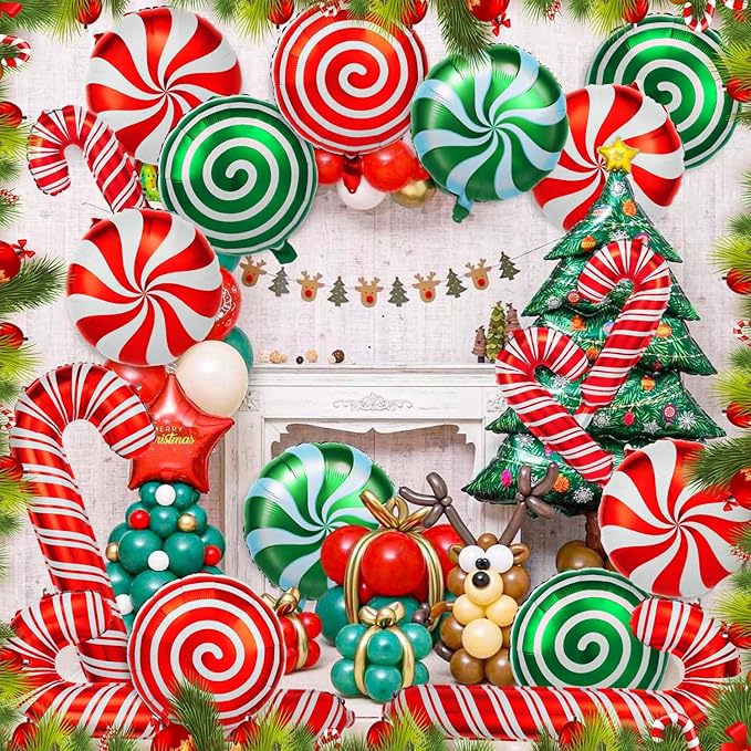 36Pcs Christmas Balloons Kit, Cane Candy Foil Balloons with Ribbons, Red Green Mylar Balloon for Party Decorations