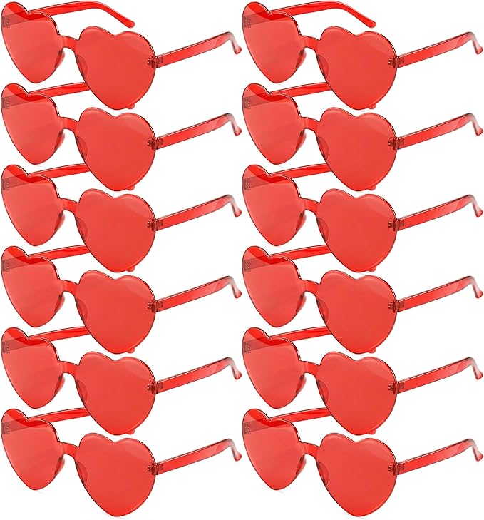JOYIN 12 Pack Valentine Day Heart Shape Glasses, Rimless Sunglasses, Classroom Exchange Gift for Kids, Stylish and Safe Eyewear in Red, Rimless Glasses for Women and Girl, Party Favor Holiday Reward