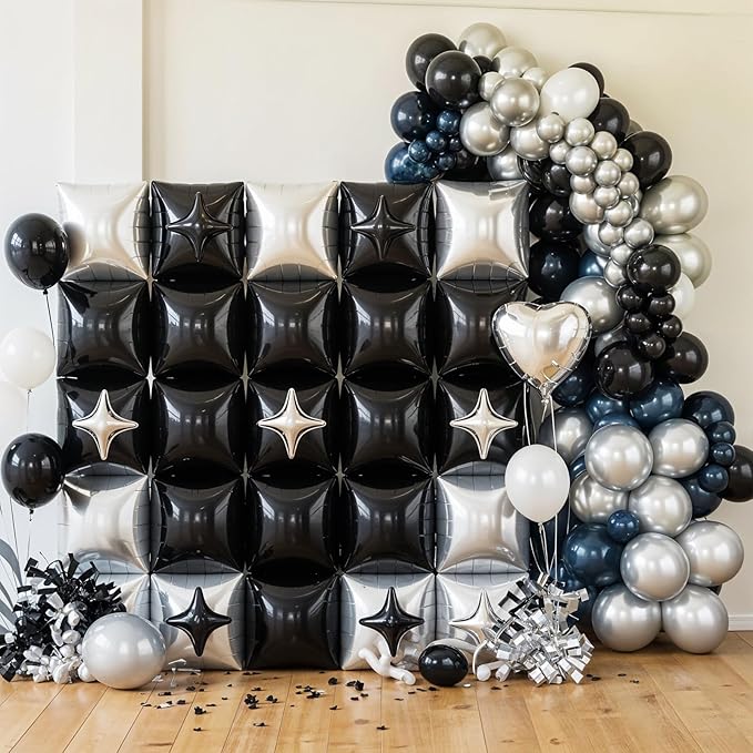 32PCS Black and Silver Square Foil Balloons Wall, Double Sided Metallic Silver Black Checkered Square Balloon Backdrop Flat Tunnel with Star Balloon Background for Disco Birthdays Graduation New Year