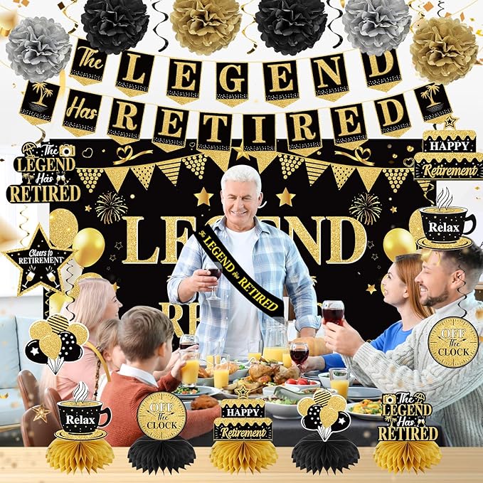 Retirement Party Decorations for Men Black Gold Happy Retirement Party Supplies Kit The Legend Has Retired Banner Backdrop Sash Table Centerpieces Hanging Swirls Pompoms 20PCS