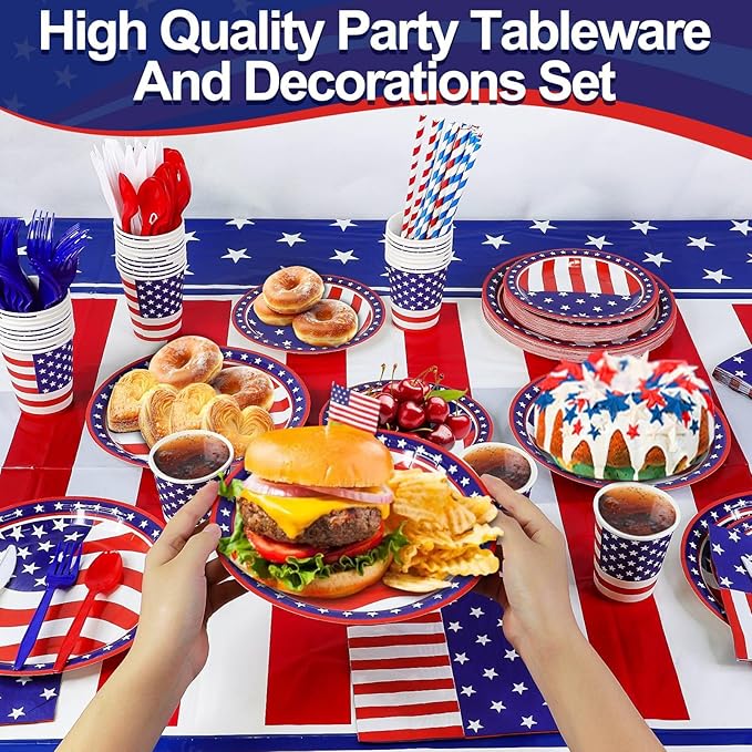 244PCS 4th of July Decorations Patriotic American Flag Party Supplies - Serve 30 - Tablecloths,4th of July Disposable Paper Plates Cups Napkins Cutlery Forks Spoons Straws,Banner Red White Blue Decor
