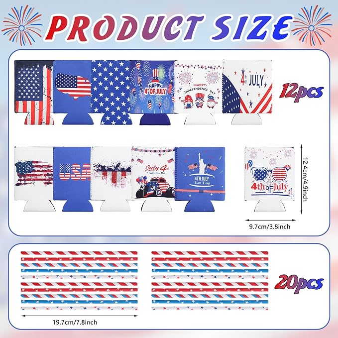 4th of July Decoration Can Cooler Sleeves, 12 Pcs Independence Day Can Party Supplies USA Flag Insulated Collapsible 4th of July Cooler Sleeves for Patriotic Memorial Day (Blue and White)