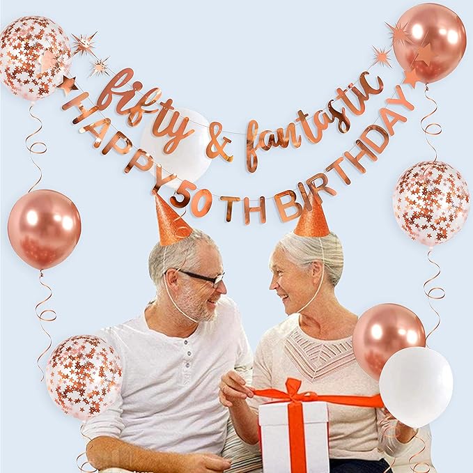 Fifty & Fantastic Rose Gold 50th Birthday Banner, Garland, Foil Balloon, Decorations, Hanging, Cheers to 50 Years Old Party Supplies Backdrop