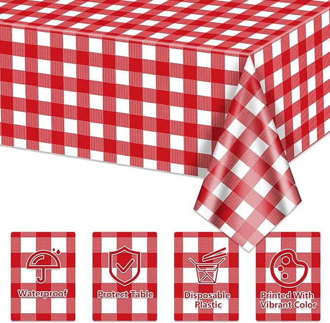 4 Pack Red Gingham Tablecloths, Red and White Checkered Tablecloths 86.6 x 51.2 Inches Gingham Table Covers Rectangular Waterproof Picnic Table Covers for Birthday Party Crawfish Boil Party Supplies