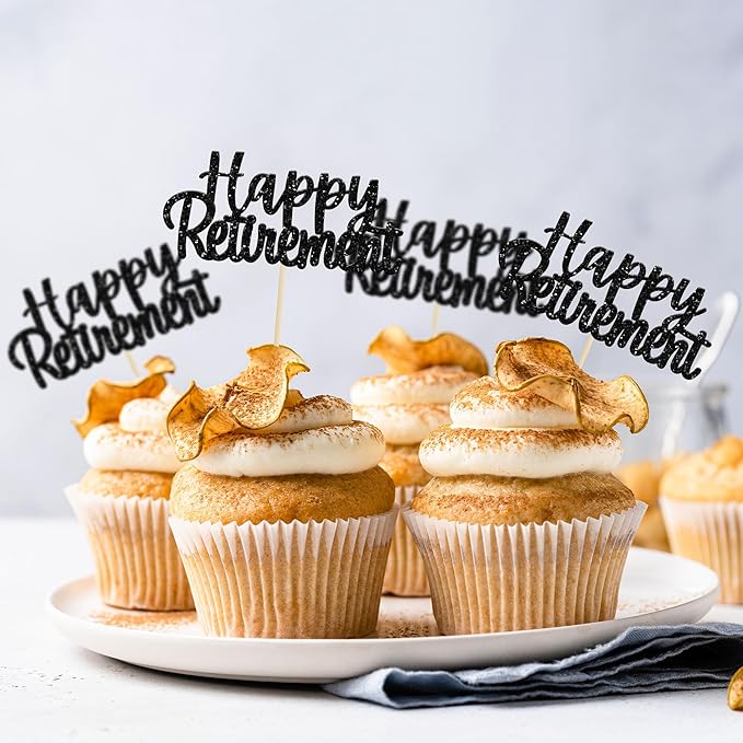Gyufise Black Glitter Happy Retirement Cupcake Toppers Retired Cake Decorations for Retirement Party Cake Decorations 36 Pack