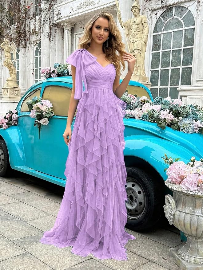 Summer Women Tulle Prom Dress Elegant Bow One Shoulder Slit Evening Party Gown Wedding Guest Bridesmaid Maxi Dress