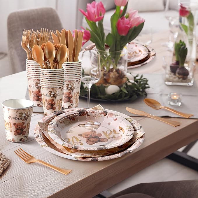 350 Pcs Brown Bear Baby Shower Paper Plates Napkins Cups Knives Forks Spoons for 50 Guests Disposable Bear Party Tableware for Birthday Baby Shower
