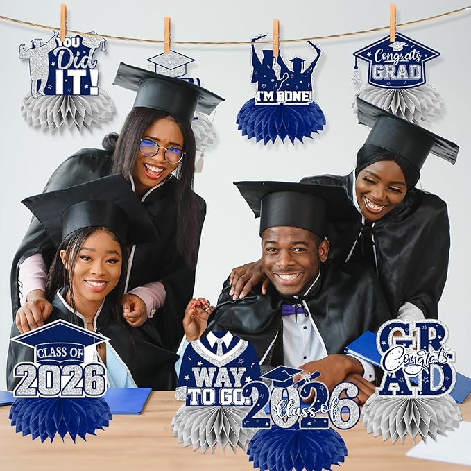 12pcs Graduation Table Decorations,Silver and Navy Blue Graduation Decorations 2026 Graduation Centerpieces for Tables,Class of 2026 Centerpieces Honeycomb for Congrats Grad Table Decor (Navy Blue)