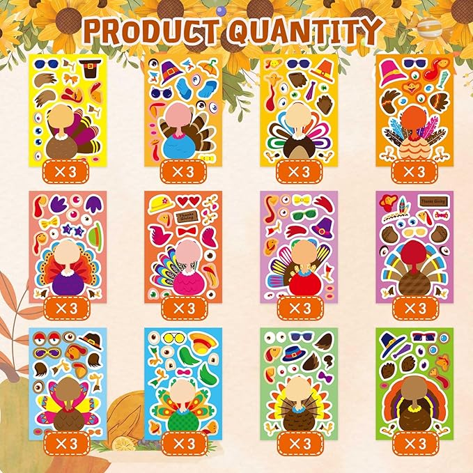 Make A Turkey Stickers, 36 Sheets Make Your Own Turkey Stickers Thanksgiving Stickers for Kids Classroom Reward, Autumn Stickers Fall Theme Party Favor Thanksgiving Crafts for Kids,12 Desgins